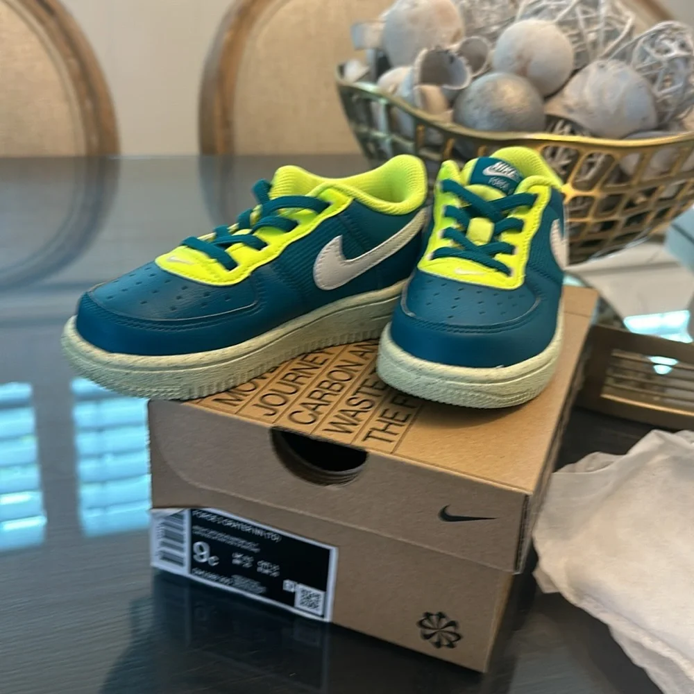 Nike Kids Teal and Neon Yellow White Swoosh Sneakers